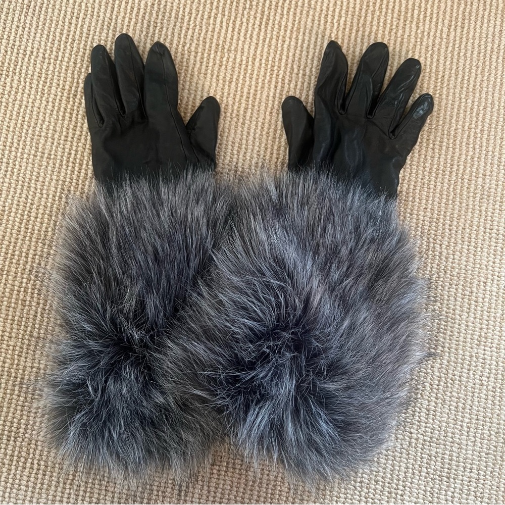 KATE SPADE Black Leather Gray Faux Fur Gloves Size Large